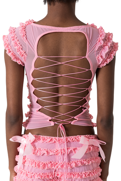 Raven Ruffle Backless Lace Up Set - Pink