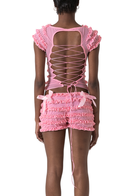 Raven Ruffle Backless Lace Up Set - Pink