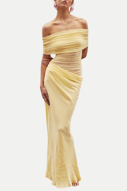 Reanko Off Shoulder Ruched Mesh Maxi Dress - Yellow