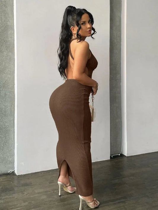 Hollow Out Ribbed Slit Summer Midi Dress