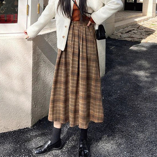 DressBetty - Vintage Woolen Plaid High Waist A-Line Midi Skirt