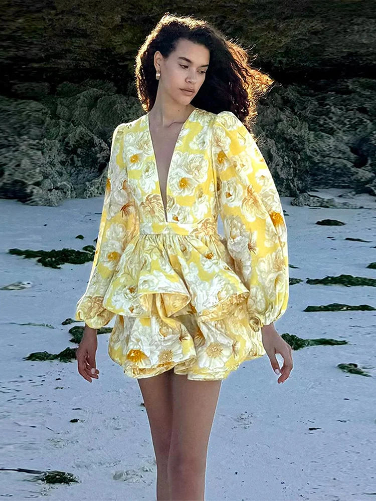 Print Ruffle Long Sleeve A-Line Mini Dress