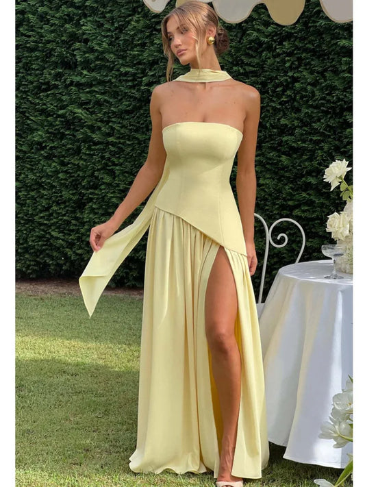 Strapless Pleated Slit Party Evening Midi Dress