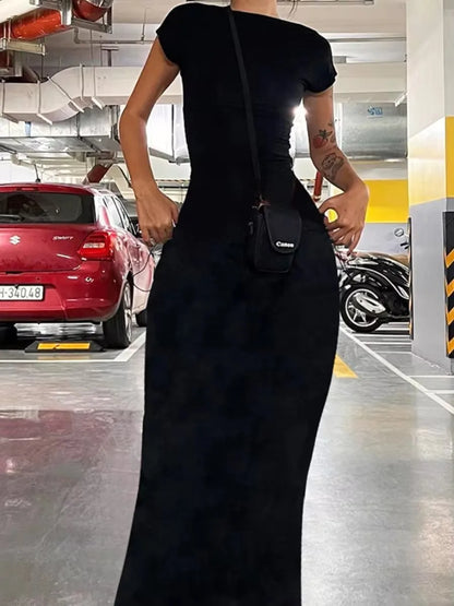 Solid Short Sleeve Backless Maxi Dress