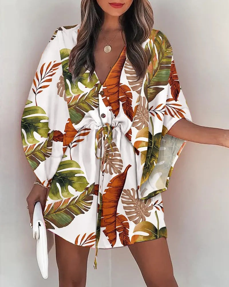 DressBetty - Casual Flora Print Batwing Sleeve Lace-Up Dress