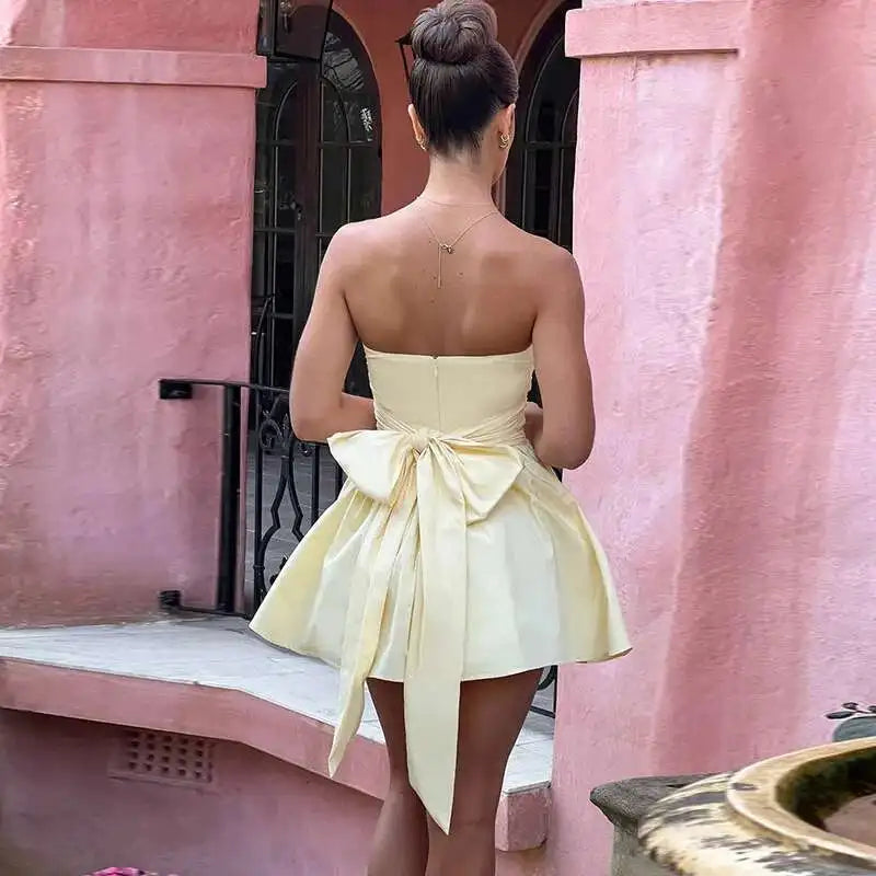 Pearl Bow Waist Wrap Backless Mini Dress