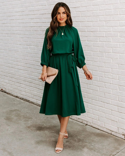 DressBetty - Elegant Office Dress Formal Loose Green Long Sleeve Belt A-Line Midi Dresses