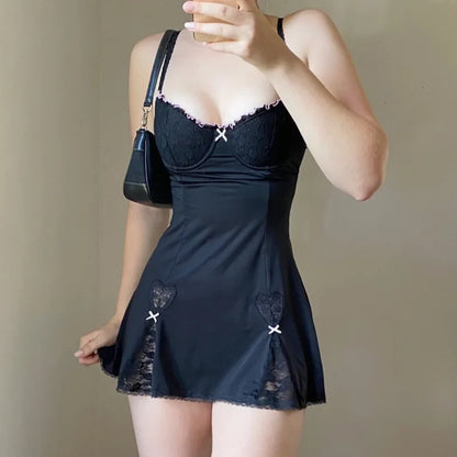 Gothic Lace Trim Split V Neck Mini Dress