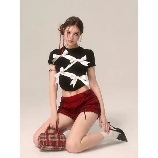 Bow Decoration Black Slim T-shirt