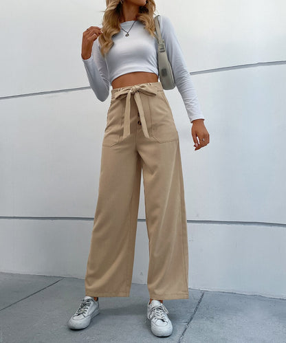 DressBetty - Solid Corduroy Belted Wide Leg Pants