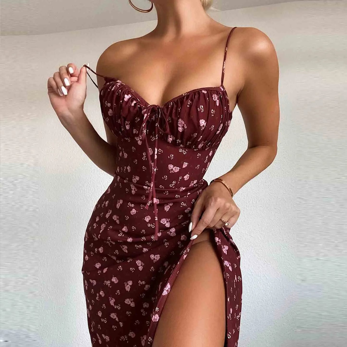 Deep V Camisole Suspender Floral Dress