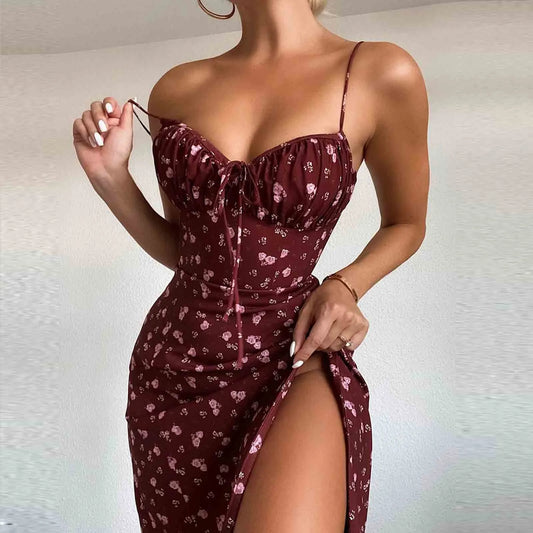 Deep V Camisole Suspender Floral Dress