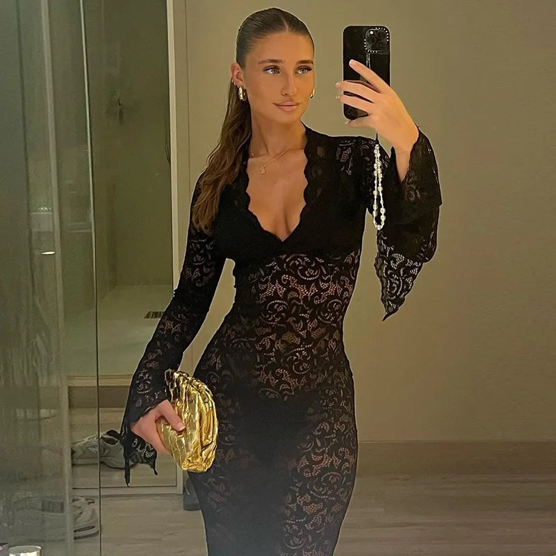 Transparent Flare Sleeve V-Neck Lace Dress