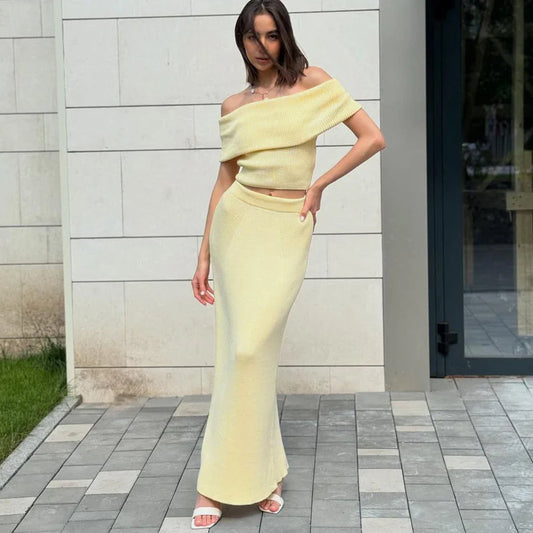 One Shoulder Slit Skirt Knit Set