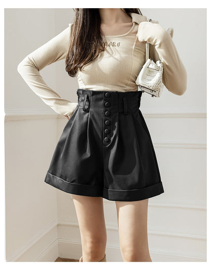 DressBetty - Women's Shorts Autumn Winter Single Breasted High Waist Wide Leg Pants