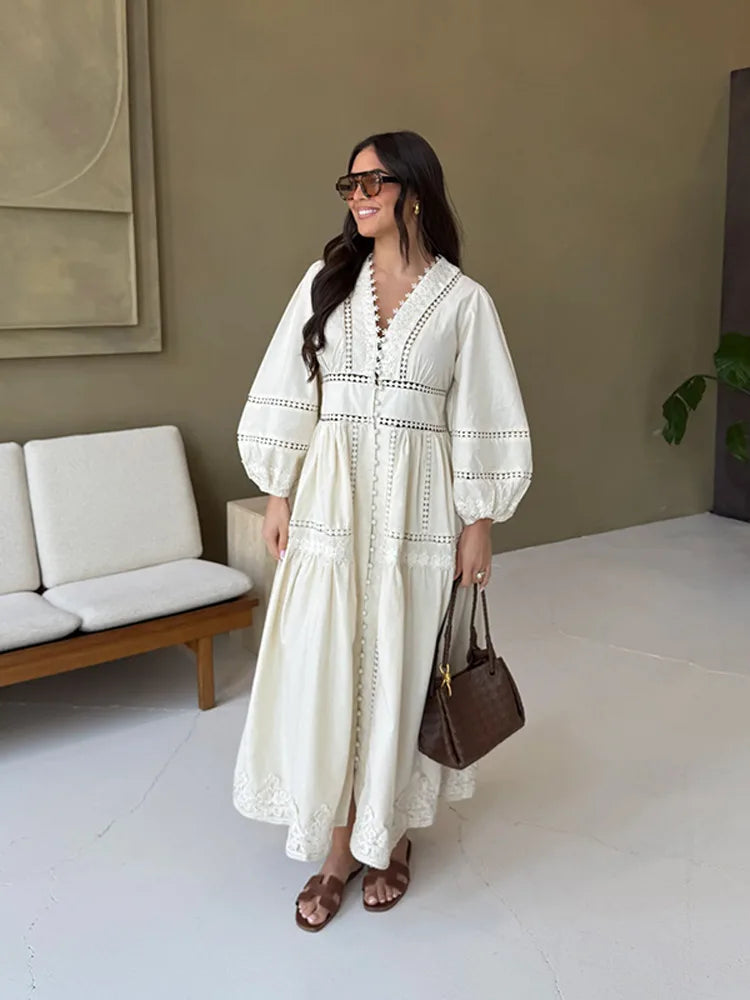 Hollow Lace V-neck Patchwork Maxi Midi Dress