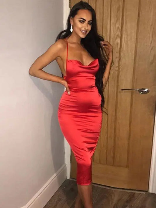 Neon Satin Lace Up Backless Midi Dress