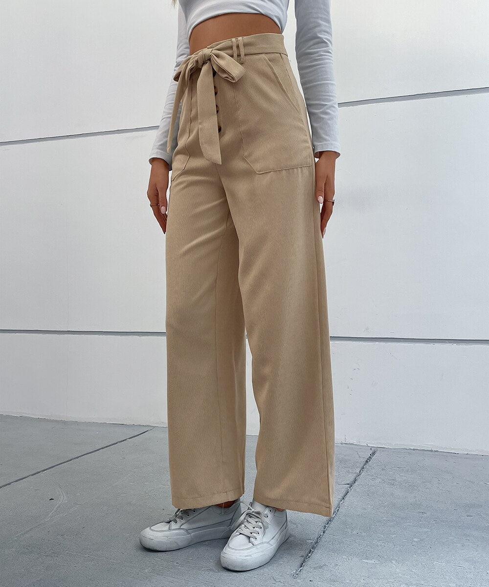 DressBetty - Solid Corduroy Belted Wide Leg Pants