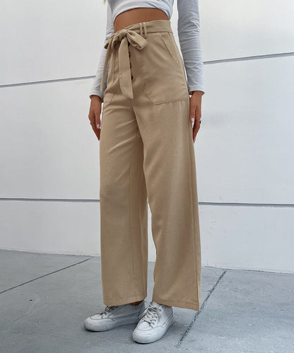 DressBetty - Solid Corduroy Belted Wide Leg Pants