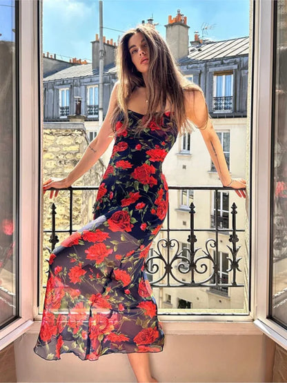 Spaghetti Strap Hip Package Backless Floral Dress