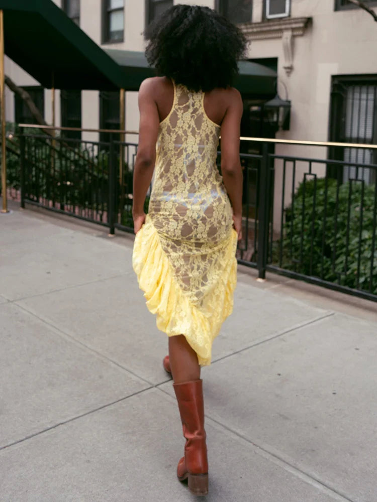 Lace See Through Ruffle Midi Dress