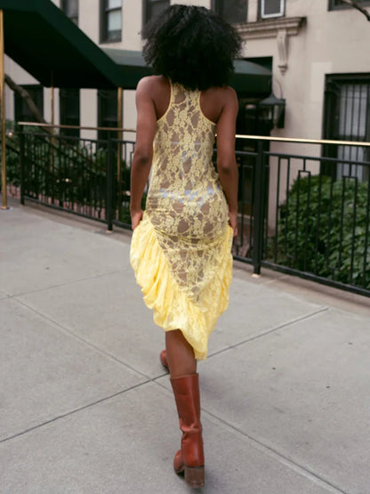 Lace See Through Ruffle Midi Dress