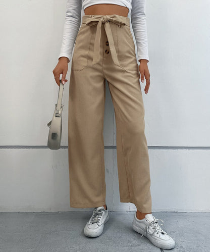 DressBetty - Solid Corduroy Belted Wide Leg Pants