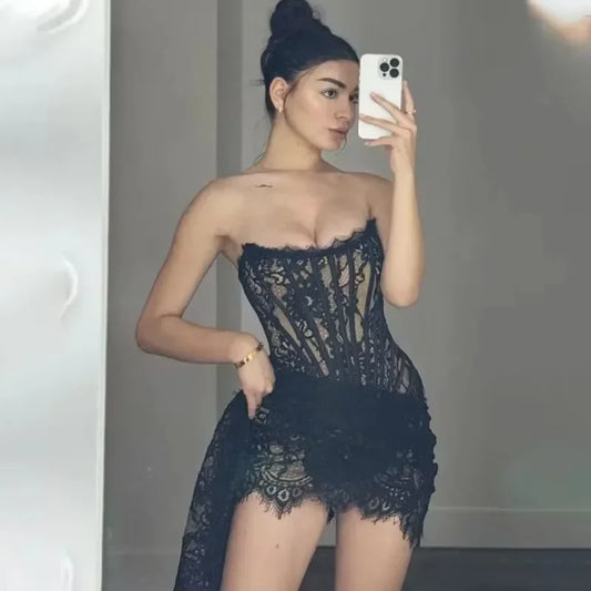 Sheer Patchwork Strapless Slim Lace Dress