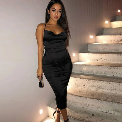 Neon Satin Lace Up Backless Midi Dress