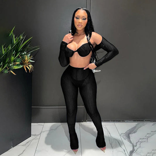 Mesh Spike Bra Bandage Two Piece Pants Set
