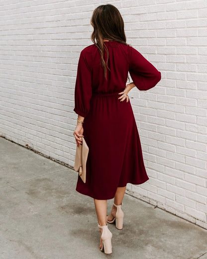 DressBetty - Elegant Office Dress Formal Loose Green Long Sleeve Belt A-Line Midi Dresses