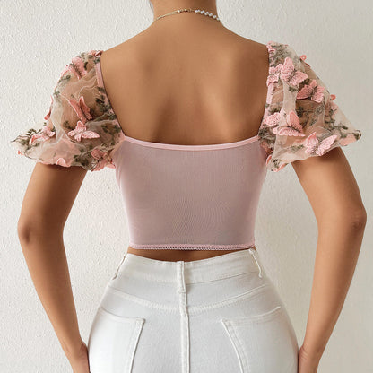 DressBetty - 3D Butterfly Embroidery Crop Top