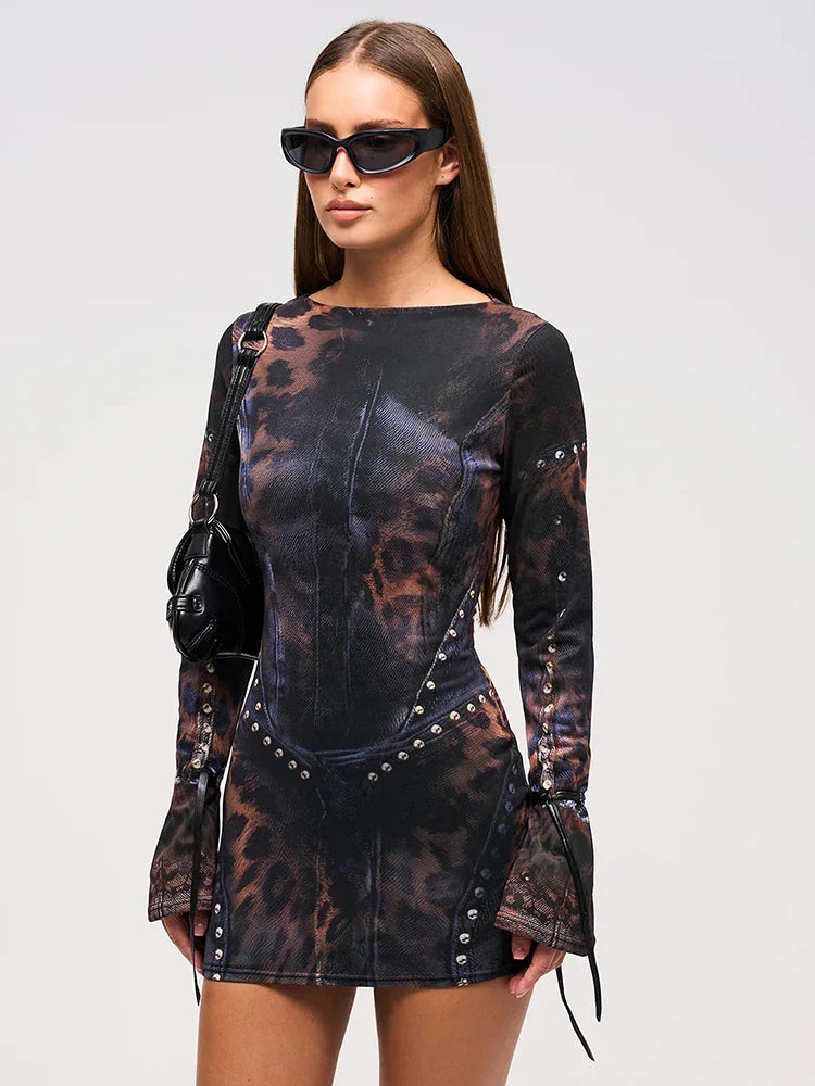 Leopard Rivet Gradient Gothic Mini Dress