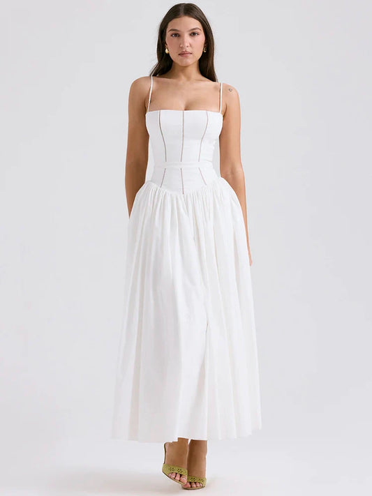 White Spaghetti Strap Backless Midi Dress