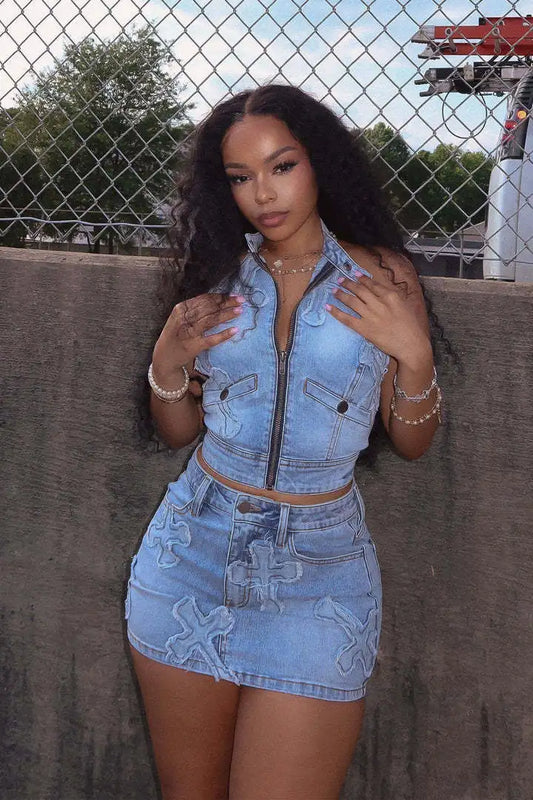 Ruffles Halter Elegant Denim Mini Two Piece Skirt Set