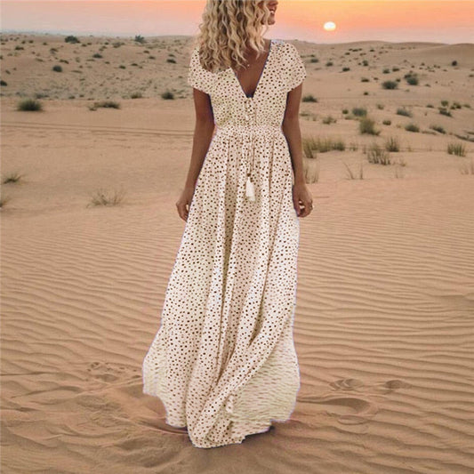 DressBetty - Print Long Party Dress Tassel Maxi Dress Summer Short Sleeve Dresses