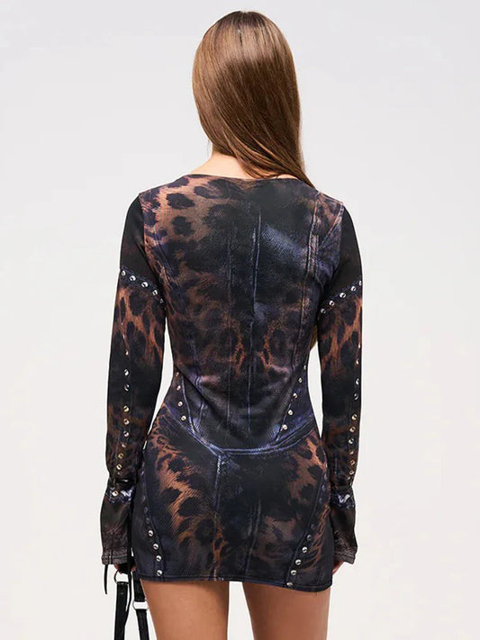 Leopard Rivet Gradient Gothic Mini Dress