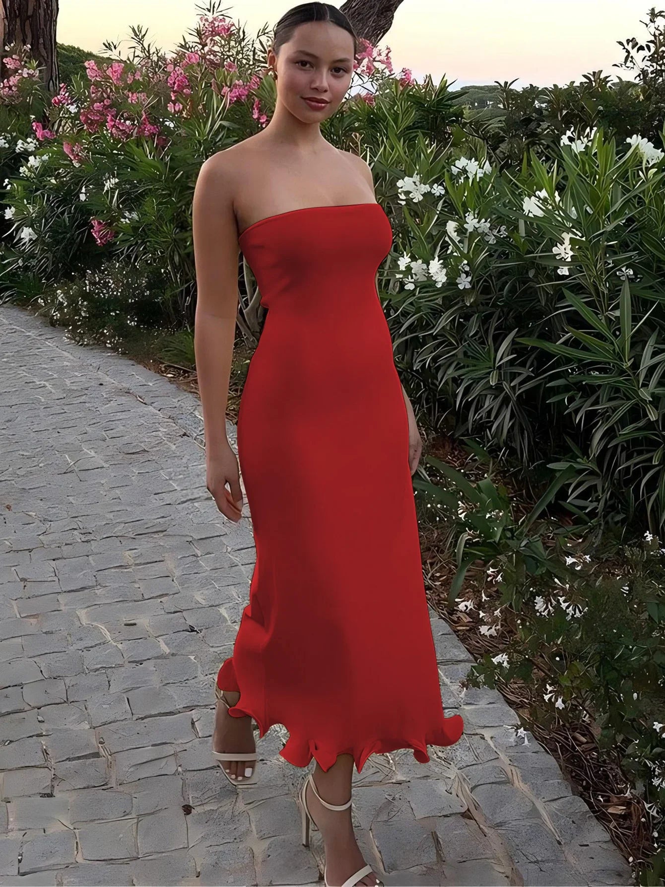 Sleeveless Ruffles Patchwork Bodycon Midi Dress