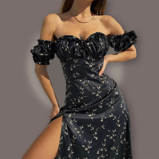 Off Shoulder Lace Split Maxi Floral Dress