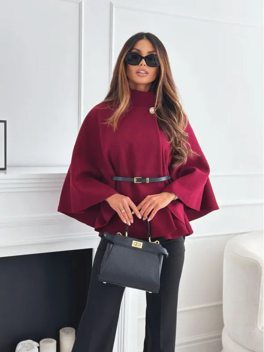 Stand Collar Cloak Top With Belt