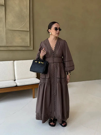Hollow Lace V-neck Patchwork Maxi Midi Dress