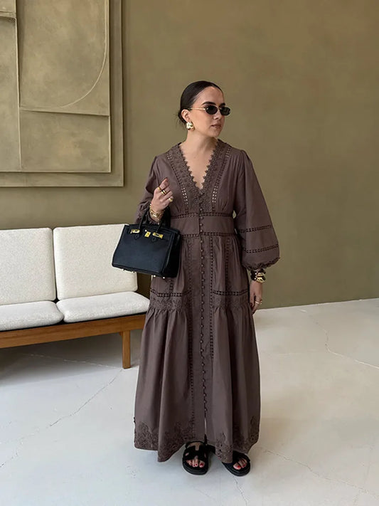 Hollow Lace V-neck Patchwork Maxi Midi Dress