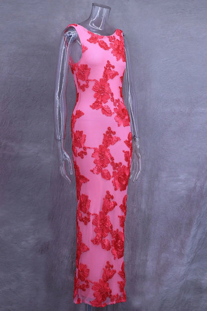 3D Flowers Sleeveless Party Midi Dress