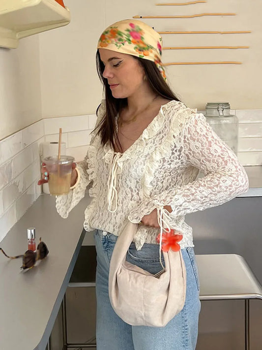 Women Spring Fashion V-neck Solid Lace Laminated Blouse