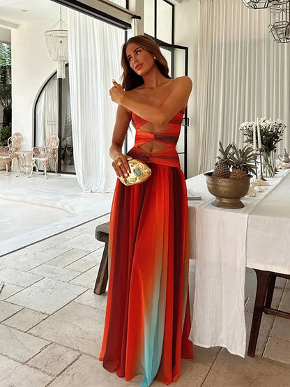 Gradient Hollow Pleated Maxi Dress