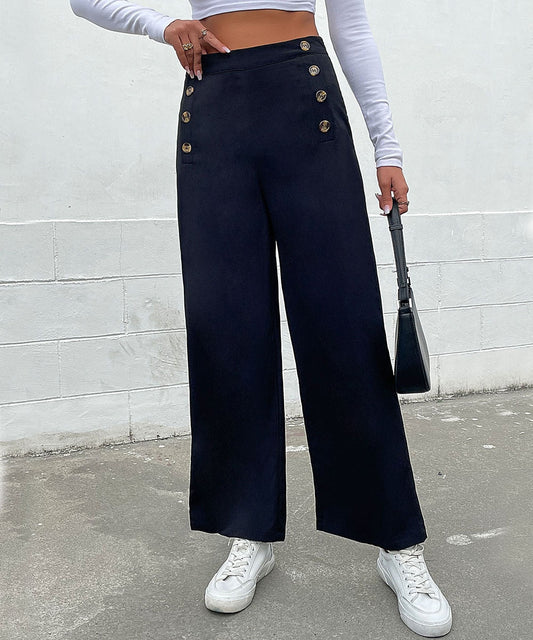 DressBetty - Black Double Button Wide Leg Pants