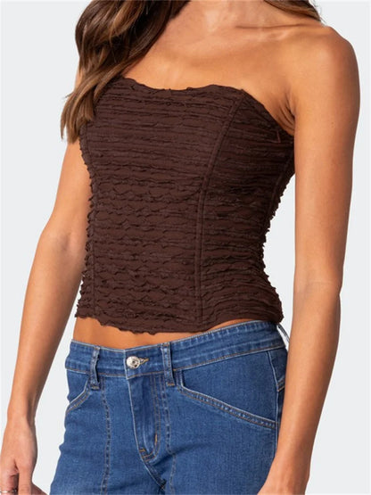 Sexy Summer Ruched Tube Strapless Off Shoulder Backless Bustiers__orsets__arty Club Solid Mini Vest 2024 Crop Top