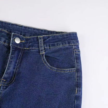 DressBetty - Star Printed Streetwear Vintage Low Waist Pockets Blue Denim Skinny Flare Jeans