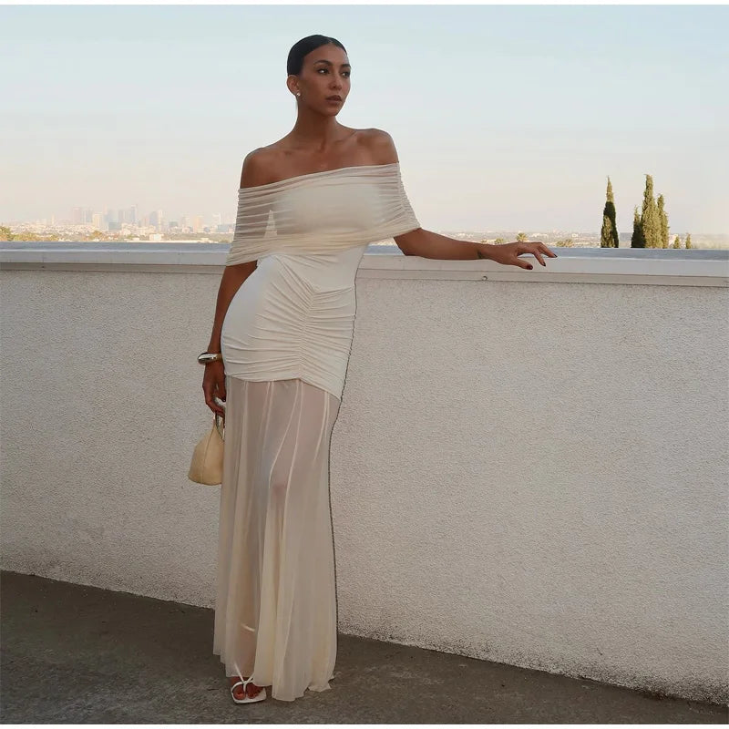 Patchwork Mesh Off Shoulder Midi Dress
