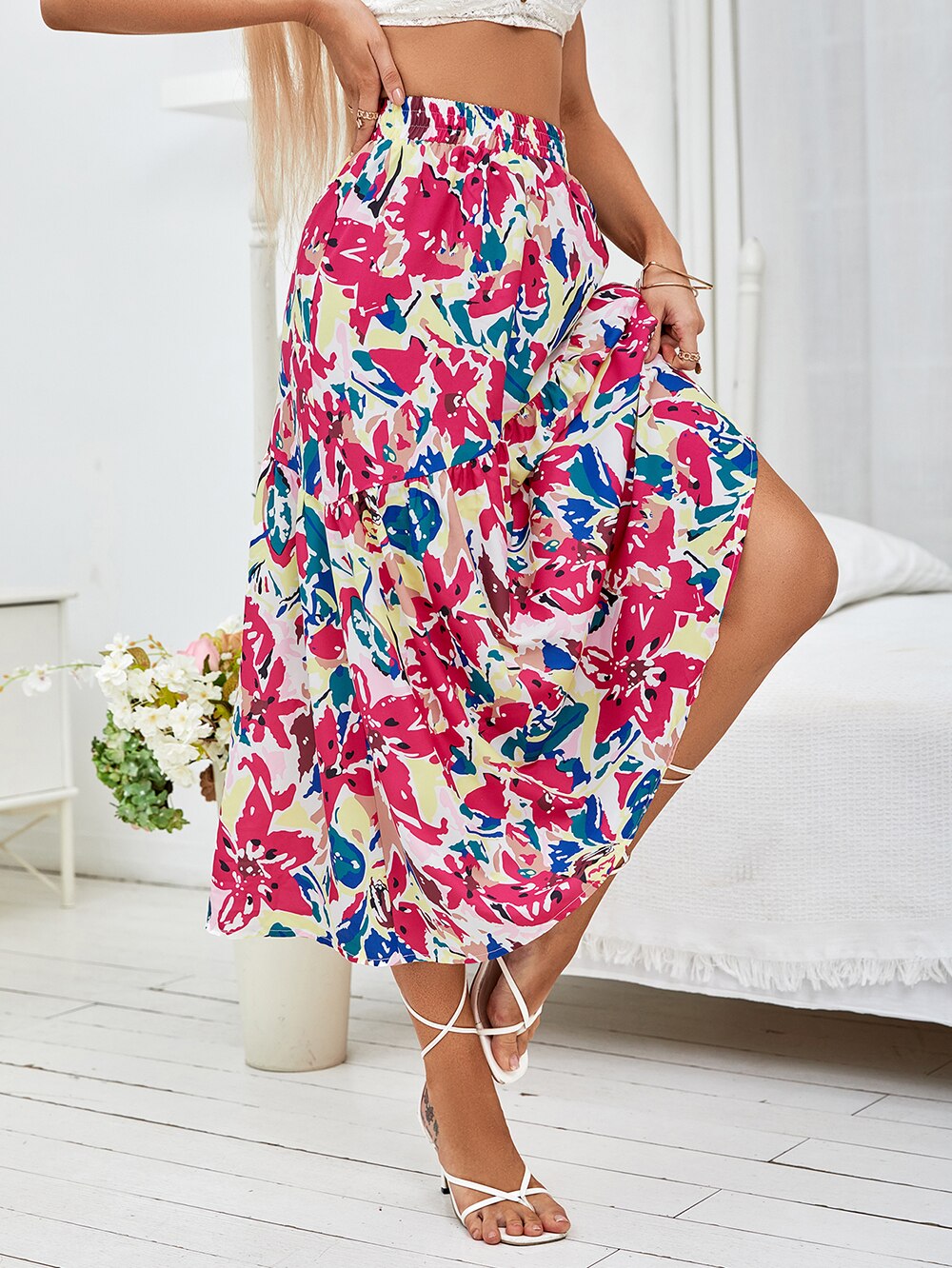 DressBetty - Floral Print Ruffle Hem Skirt